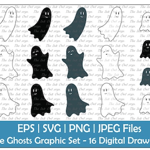 Cute Cartoon Ghost Vector Clipart Set / Outline, Silhouette & Color Graphic Drawing / Kawaii Halloween Sublimation / Png, Svg, Jpg, Eps