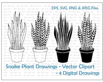 Snake Plant in a pot Vector Clipart Set / Outline & Stamp Drawing Illustrations / EPS, PNG, jpg, SVG