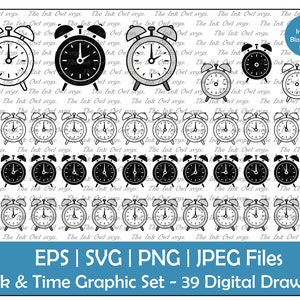 May include: A set of 39 digital drawings of alarm clocks in black and white and gray. The clocks are in various positions and some have numbers on the face. The text "Also Includes Blank Clock Faces" is in the upper right corner of the image.