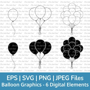 Ballonnen Vector Clipart Set / Overzicht en silhouet stempelafbeeldingen / Verjaardagsfeestje en feest / PNG, JPG, SVG, Eps