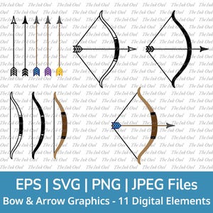 Bow and Arrow Vector Clipart Set / Outline & Silhouette Stamp Drawing Illustrations / Archery and Hunting / Png, Svg, Eps, Jpg