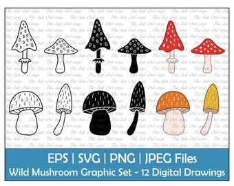 Wild Mushrooms Clipart Set / Outline, Silhouette Stamp & Color Graphics / Fairy Fantasy / Cottagecore / Sublimation / PNG, JPG, SVG, Eps