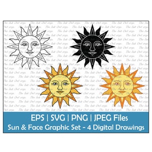 May include: A set of four digital sun and face illustrations. The suns are stylized with a human face and have a yellow, orange, black, and white color scheme.