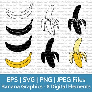 Banane Clipart / Umriss & Silhouette Stempel Illustration / Geschlossen und Geschält / Png, SVG, Jpg, Eps