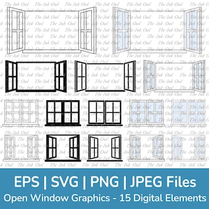Cartoon offene und geschlossene Fenster mit Mullions Clipart / Transparente Umrisse, Silhouetten & Farbgrafiken / Sublimation / Png, svg, eps, jpg