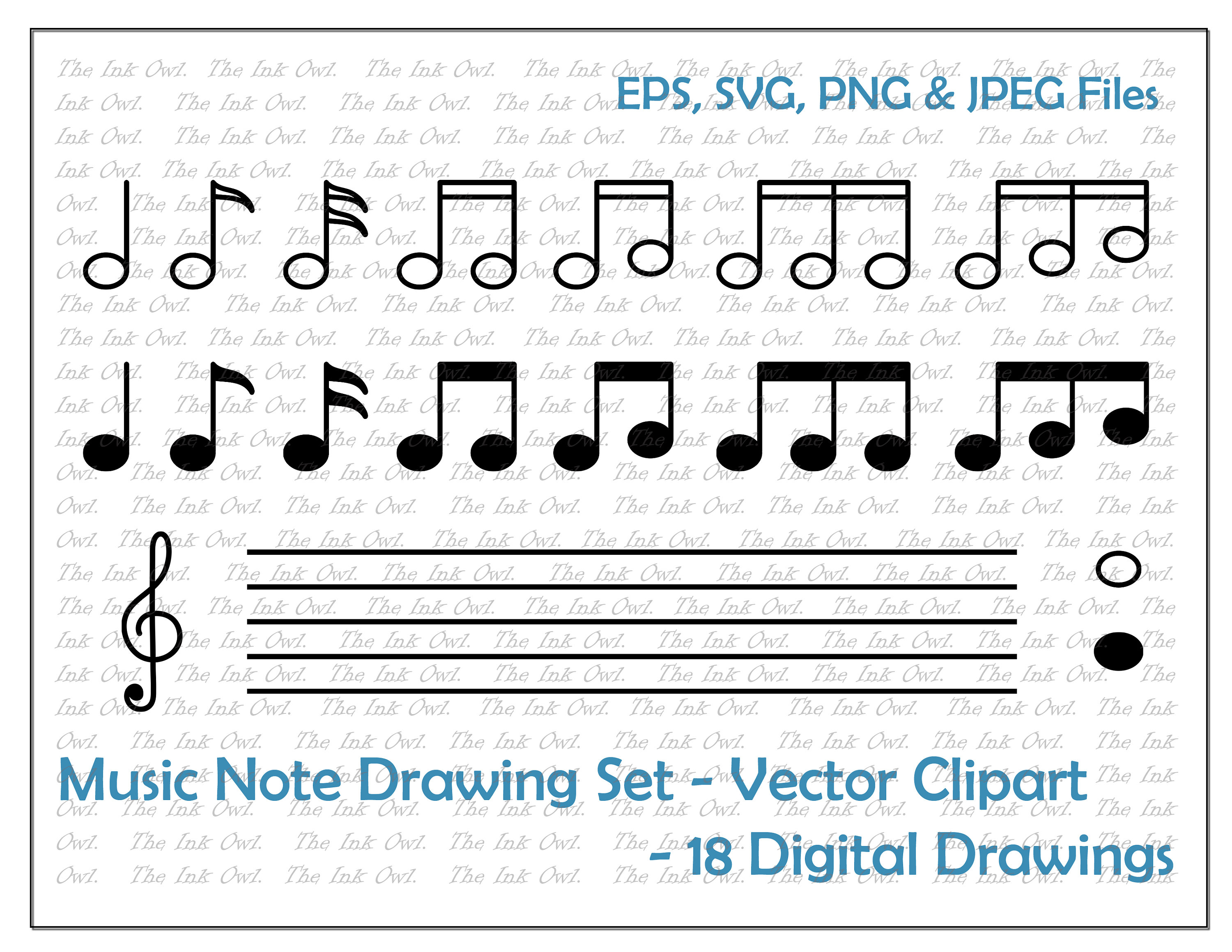 Music Notes and Bar Clipart Set / Outline & Drawing Graphics / Etsy