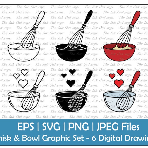 Whisk and Mixing Bowl Vector Clipart / Outline & Stamp Graphic/ Baking cooking Icon / PNG, JPG, SVG, Eps