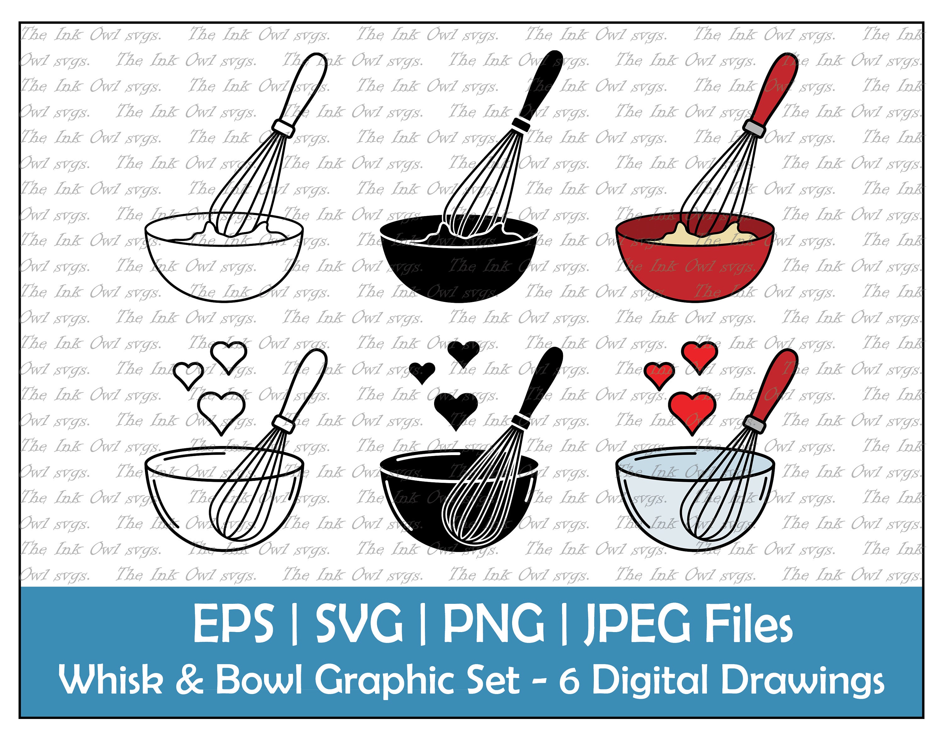Whisk and Mixing Bowl Vector Clipart / Outline & Stamp Etsy