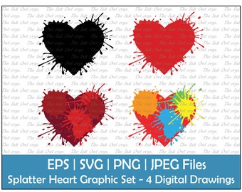 Heart Dripping Splatter Paint Vector Clipart Set / Color & Stamp Graphic / Ink or Blood / PNG, JPG, SVG, Eps