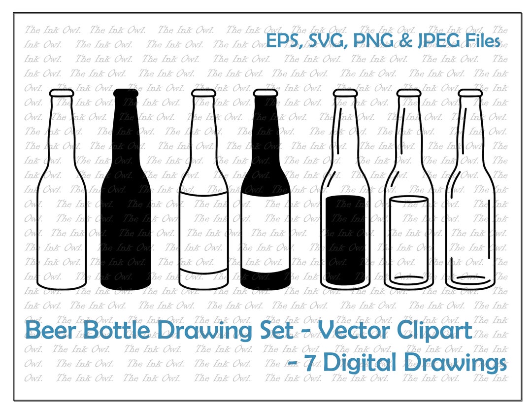 Beer Bottle Vector Clipart Set / Outline & Silhouette Stamp Drawing ...
