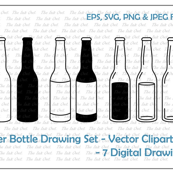 Beer Bottle Vector Clipart Set / Outline & Silhouette Stamp Drawing Illustrations / Filled, Empty / Cut File / Png, Jpg, Svg, Eps