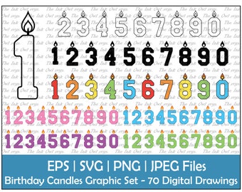 May include: A set of 70 digital drawings of birthday candles in various colors, including white, black, red, orange, yellow, green, blue, and pink. The candles are numbered 1 through 9 and are arranged in rows. The text "EPS | SVG | PNG | JPEG Files" and "Birthday Candles Graphic Set - 70 Digital Drawings" is at the bottom of the image.