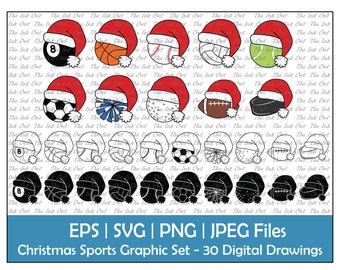Christmas Sports Balls in Santa Hats Clipart / Outline, Silhouette & Color Graphics / Hockey, Soccer, Baseball / Png, Jpg, Svg, Eps