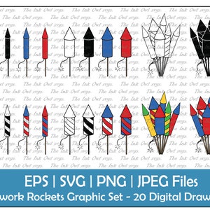 Feuerwerk Raketen Vektor Clipart / Outline, Silhouette Stempel & Farbe Zeichnung Illustrationen / 4. Juli / Feier / PNG, JPG, SVG, Eps