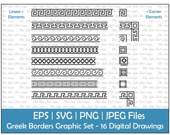 Greek Decorative Border Clipart Set / Outline Fret Key Graphic / Ornamental Element / Corner, Spiral, Geometric, Wave / PNG, JPG, SVG, Eps