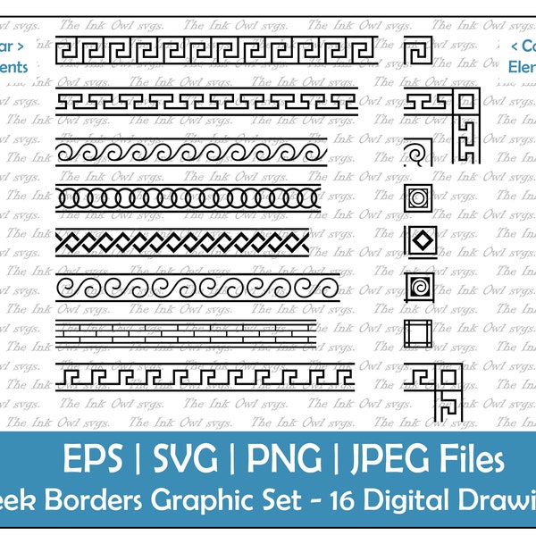 Greek Decorative Border Clipart Set / Outline Fret Key Graphic / Ornamental Element / Corner, Spiral, Geometric, Wave / PNG, JPG, SVG, Eps