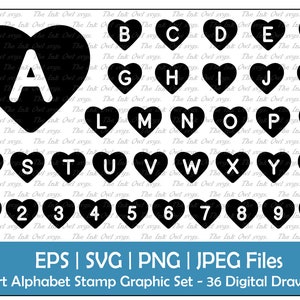 Hart Stempel Alfabet Letters en Cijfers Vector Clipart / Text Graphics / ABC 123 Font Banners / PNG, JPG, svg, Eps