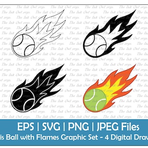 Tennisball mit Flammen Vektor Clipart Set / Umriss, Stempel und farbige Zeichnung Grafik / Feuer / PNG, JPG, SVG, Eps