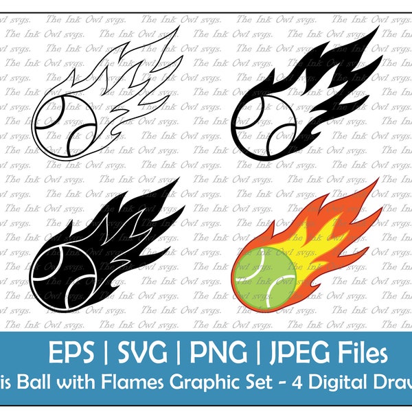 Tennis Ball with flames Vector Clipart Set / Outline, Stamp and Colored Drawing Graphic / Fire / PNG, JPG, SVG, Eps