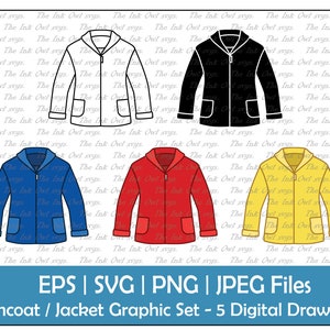 Può includere: Un set di cinque disegni digitali di impermeabili o giacche in diversi colori. Le giacche hanno un cappuccio, una chiusura a zip e tasche. I colori sono bianco, nero, blu, rosso e giallo.