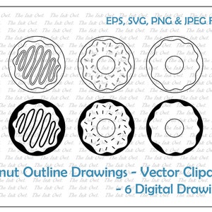 Donut Pastry Vector Clipart / Outline & Silhouette Stamp Graphic Illustrations / Jelly Filled Sprinkled Dessert Bakery / Svg, Png, Eps, Jpg