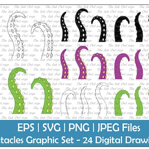 May include: A set of 24 digital drawings of tentacles in various colors, including black, white, purple, green, and yellow. The tentacles are drawn in a cartoon style and have a variety of shapes and sizes. The image includes the text "EPS | SVG | PNG | JPEG Files Tentacles Graphic Set - 24 Digital Drawings".