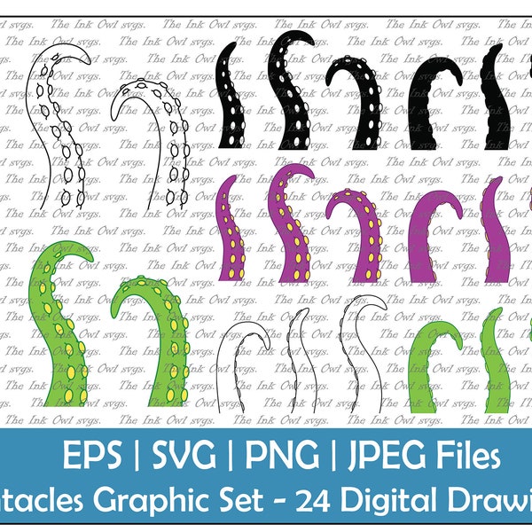 Tentacle Vector Clipart Combo Set / Outline, Silhouette & Color Graphics / Octopus Squid Arms / Png, Jpg, Svg, Eps / Sea Monster