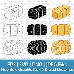 Ensemble de clipart vectoriels bottes de foin de paille / contour, timbre Silhouette et illustrations graphiques couleur / foin carré et rond / Svg, Png, Jpg, Eps