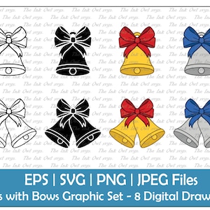 May include: Digital graphic set featuring eight bell illustrations with bows. The bells come in various styles, including outlines, solid black, and colored versions with red and blue bows. The text at the bottom reads "Bells with Bows Graphic Set - 8 Digital Drawings."