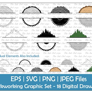 Woodworking Split Label with Tree Rings, Forest and Saw Clipart / Outline, Silhouette & Color Graphics / Template / PNG, JPG, SVG, Eps
