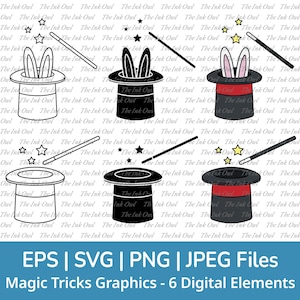 Truco de magia con conejo (SVG) - Conjunto de imágenes prediseñadas / Contorno, silueta de sello y dibujo a color / Mago / Png, Svg, Jpg, Eps