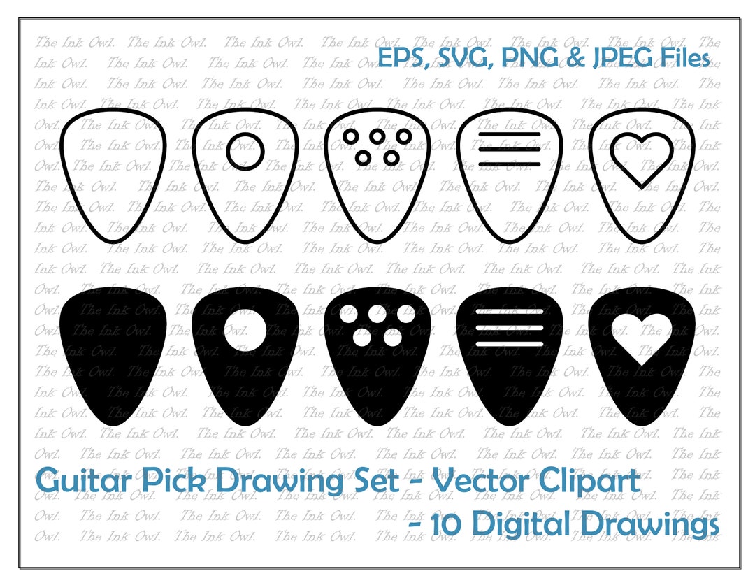Guitar Pick Vector Clipart Set / Outline & Stamp Drawing Illustrations