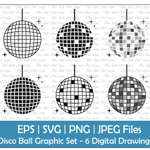 Disco Mirror Ball Vector Clipart Set / Outline, Stamp and Color Graphics / Dance Party Wedding / PNG, JPG, SVG, Eps