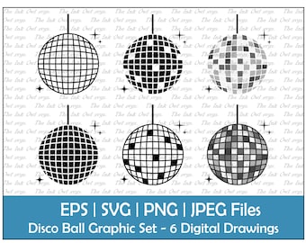 Disco Mirror Ball Vector Clipart Set / Outline, Stamp and Color Graphics / Dance Party Wedding / PNG, JPG, SVG, Eps
