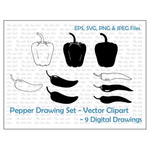 Puede incluir: Un conjunto de nueve ilustraciones vectoriales de pimientos en blanco y negro. El conjunto incluye dos pimientos y siete chiles. La imagen incluye el texto "Pepper Drawing Set - Vector Clipart - 9 Digital Drawings".