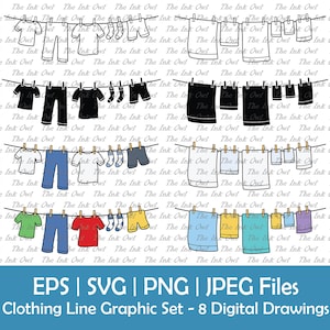 Kleidung, die an der Wäscheleine hängt, Vektor-Clipart-Set / Umriss-, Silhouetten- und Farbgrafiken / Wäscheblätter und Handtücher / Svg, Png, Eps, Jpg