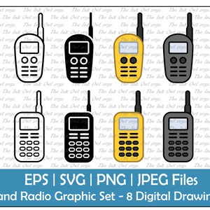 Handheld Radio Vector Clipart Set / Outline, Stamp & Color Graphics / Two Way Caller Electronic / PNG, JPG, SVG, Eps