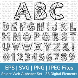 Teia de aranha letra alfabeto e número vetor clipart / contorno transparente rabisco texto gráfico / ABC 123 / Halloween / Png, Jpg, Eps, Svg