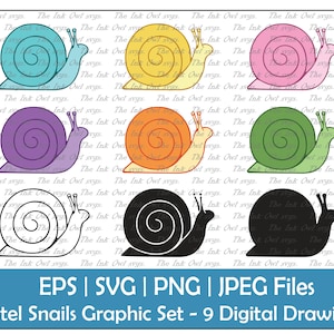 Set di clipart vettoriali di lumaca colorata / Contorno, grafica silhouette e timbro / Trasferimento a sublimazione / Rainbow Pastel Colors / Eps, Svg, Jpg, png
