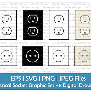 Electrical Socket Outlet Clipart / Outline, Silhouette Stamp & Color Graphic / American and European / Sublimation / Png, Svg, Eps, Jpg