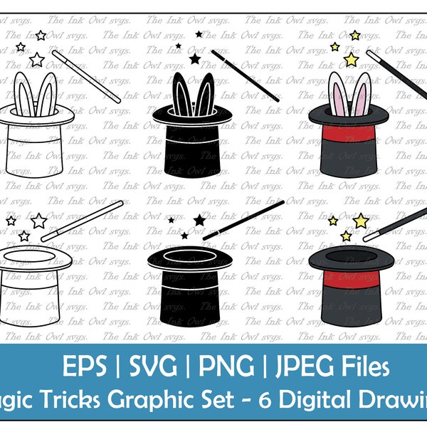 Tour de magie avec Rabbit Clipart Set / Dessin de contour et de tampon Graphique / Magicien / PNG, JPG, SVG, Eps