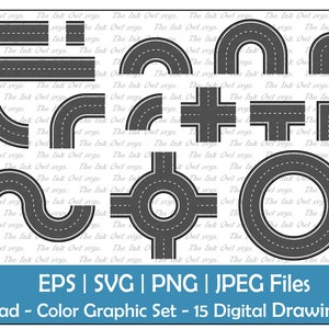 Straßensegmente Clipart Set / Farbgrafik / Dekorativ / Linie, Kurve, Kurve, Ecke, Kreuzung / kommerzielle Nutzung / PNG, JPG, SVG, Eps