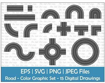 Wegsegmenten Clipart Set / Color Graphics / Decoratief / Lijn, Curve, Bocht, Hoek, Kruispunt / Commercieel Gebruik / PNG, JPG, SVG, Eps