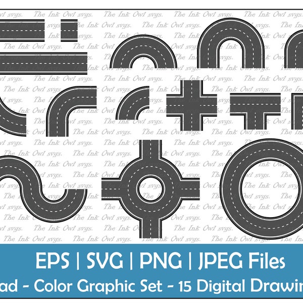 Road Segments Clipart Set / Color Graphics / Decorative / Line, Curve, Turn, Corner, Intersection / Commercial Use / PNG, JPG, SVG, Eps