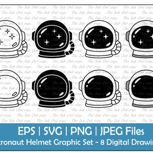Astronaut Helmet Vector Clipart Set / Outline & Stamp Drawing Illustrations / Space / PNG, JPG, SVG, Eps