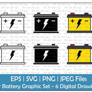 車のバッテリーアイコンベクタークリップアートセット / アウトラインとスタンプ描画グラフィック / PNG、JPG、SVG、Eps