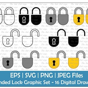 Abgerundetes Schloss Vektor Clipart / Outline & Silhouette Stempel Grafik / Offenes und geschlossenes Sicherheitsschloss / Sublimation / PNG, JPG, SVG, Eps