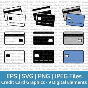 Set di clipart vettoriali SVG per carta di credito / Contorno, timbro, silhouette e disegno grafico a colori / Prestito di denaro / PNG, SVG, Jpg, Eps