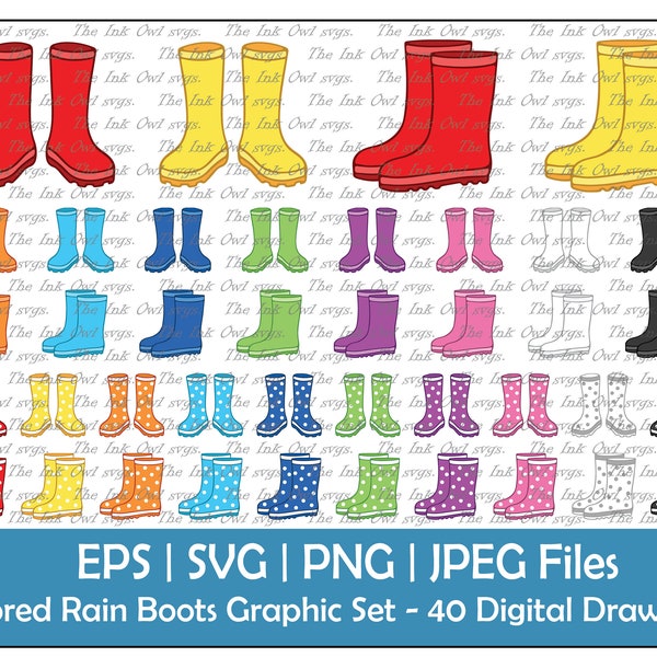 Colored Rainboots Vector Drawing Clipart Set / Color Rubber Boots Graphics / With Polka Dots / Sublimation / PNG, JPG, SVG, Eps