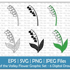 Lily of the Valley Flower Vector Clipart Set / Contour, timbre et dessin coloré Graphique / Fleur de naissance pour mai / PNG, JPG, SVG, Eps